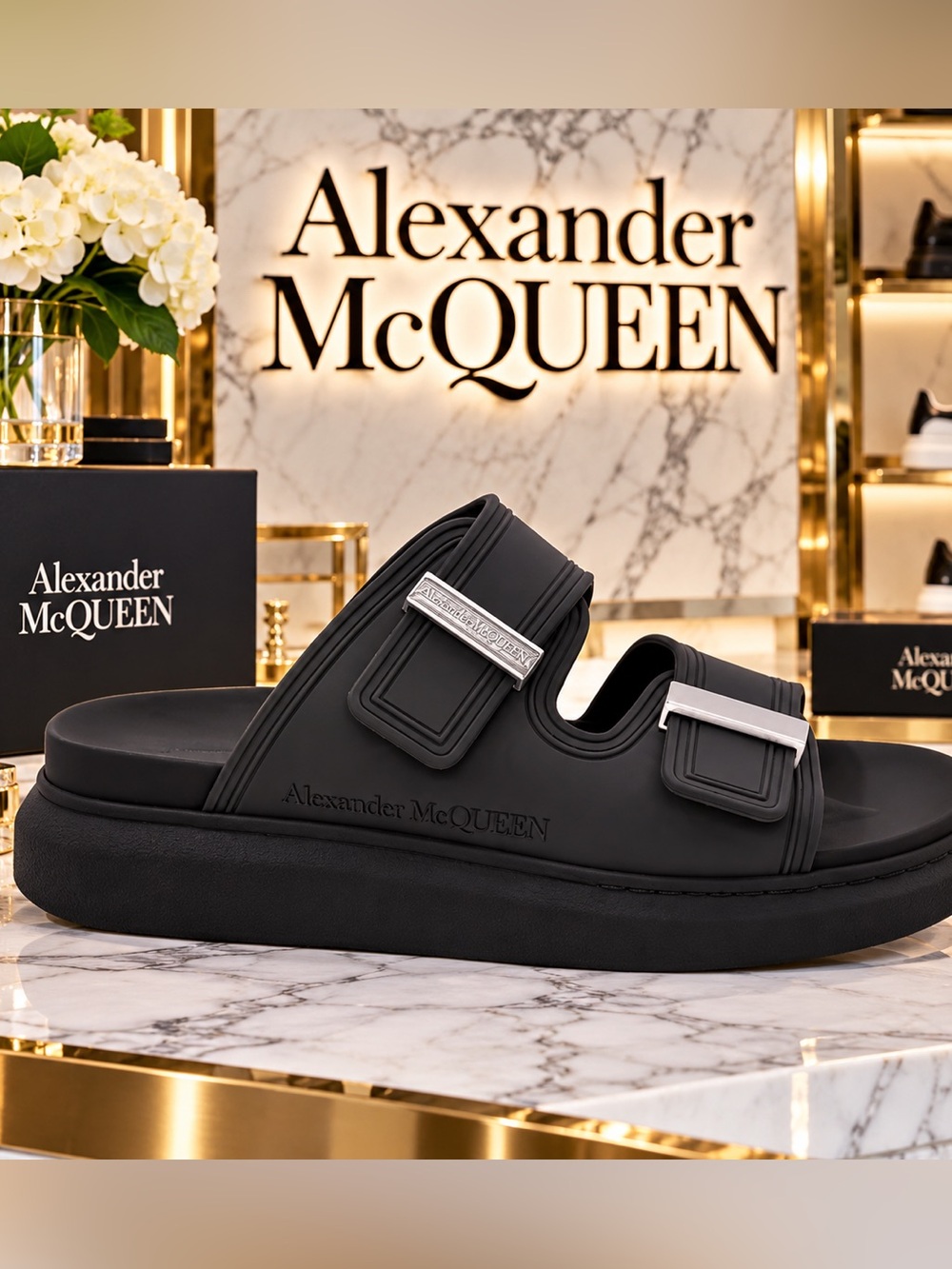 Alexander McQueen Black Double-Strap Rubber Slides with Silver Buckles